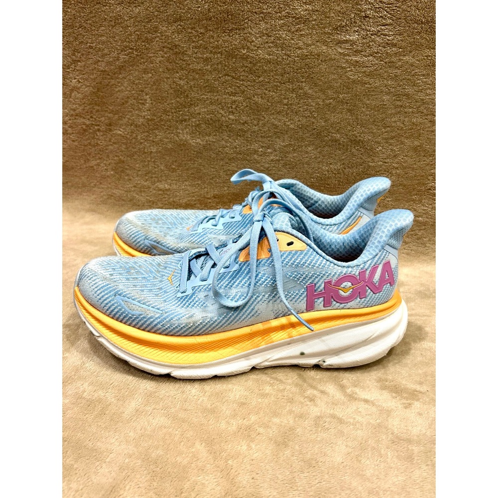 Hoka Clifton 9 Womens Size 6 Running Shoes Airy Blue Ice Water Orange